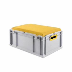 Eurobox NextGen Sitzbox, gelber Sitz, 44 Liter, grau. Stapelbarer Transportbehälter mit Griffen.