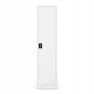Weißer, schmaler Metall-Aktenschrank ALEX mit Schloss und Schlüssel. Ideal für Büro und Homeoffice.