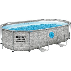 Bestway Stahlrahmenpool Set Power Steel Swim Vista, 424x250x100 cm, oval, grau, mit Leiter und Pumpe.