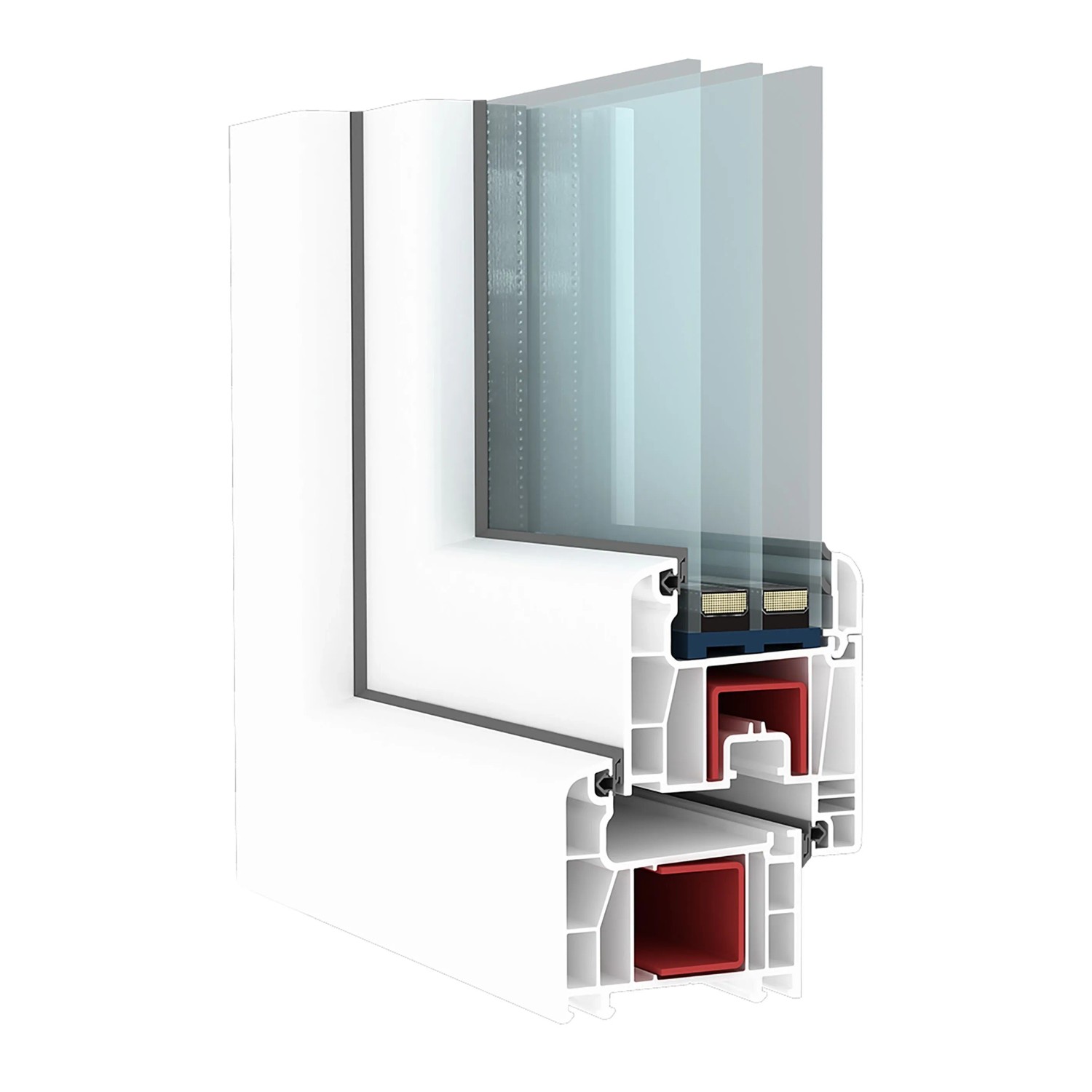 Querschnitt: Weißes Kunststofffenster mit 3-fach Verglasung, 100x100 cm, Profilansicht.