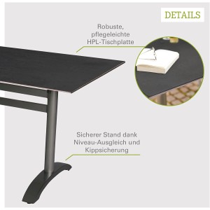 Detailansicht Acamp Klapptisch, anthrazit-zementfarbene HPL-Platte, robustes Gestell mit Kippsicherung.