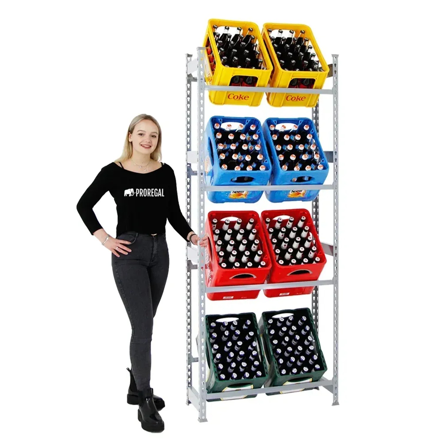 Graues PROREGAL Getränkekistenregal High Big Camel mit 4 Ebenen und bunten Getränkekisten.