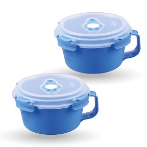 2er-Pack blaue Bestlivings Frischhalteboxen/Frühstücksschalen (0,85L) mit Deckel und Griff.
