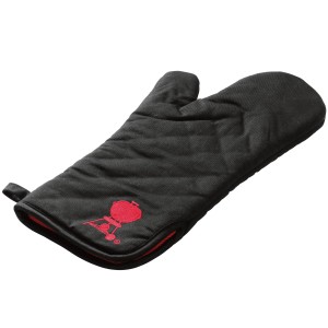 Weber Grillhandschuh, schwarz mit rotem Logo, extra lang für Hitzeschutz beim Grillen.