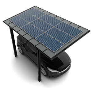 Schwarzer Ximax Solarcarport Linea mit blauen Solarmodulen auf dem Dach, ein Auto darunter geparkt.