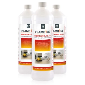 Drei Flaschen Flambiol Bioethanol 96,6% für Ethanol-Tischkamine, je 1 Liter.
