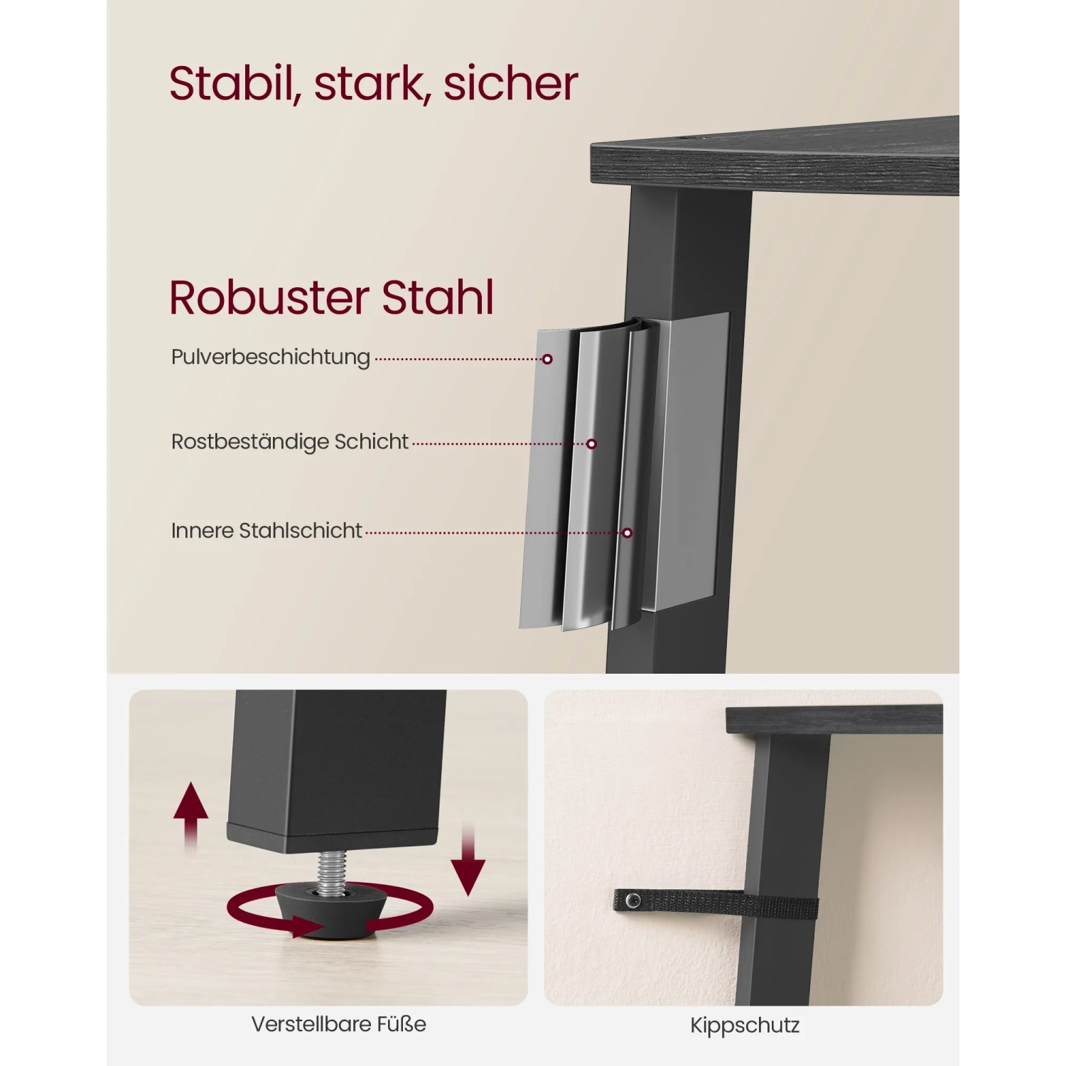 Detailaufnahme: Vasagle Eckregal, grau-schwarz, mit verstellbaren Füßen, Kippschutz und robustem Stahlrahmen.
