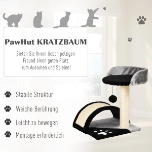 PawHut Kratzbaum mit Sisalstangen, Spielball und Liegefläche in Grau und Schwarz.
