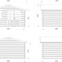 Technische Zeichnung Palmako Gartenhaus Klara, 360x300 cm, grau-weiß, Maße und Ansichten.