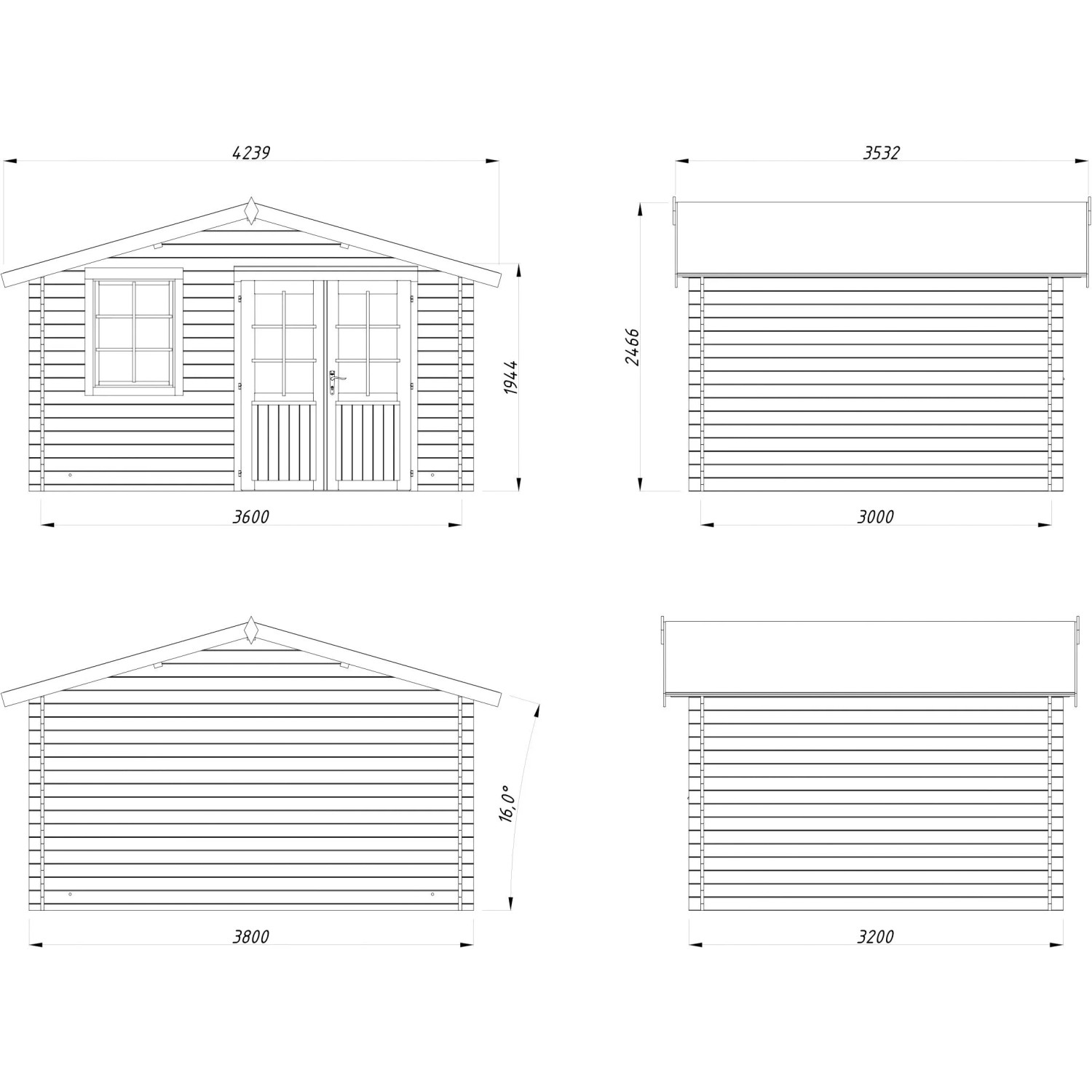 Technische Zeichnung Palmako Gartenhaus Klara, 360x300 cm, grau-weiß, Maße und Ansichten.