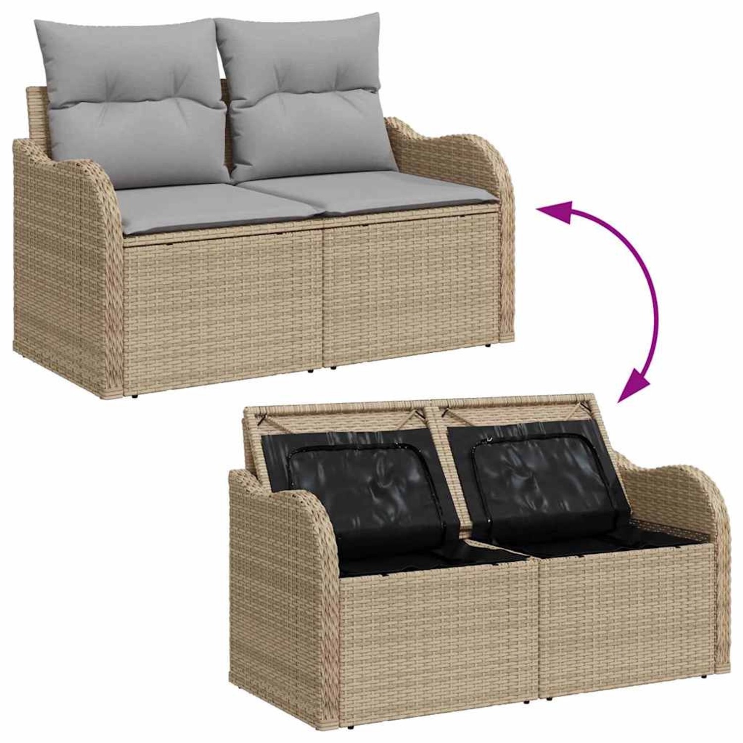 Beiges vidaXL Garten-Sofa-Set, 10-teilig, Rattan mit hellgrauen Kissen und Stauraum.