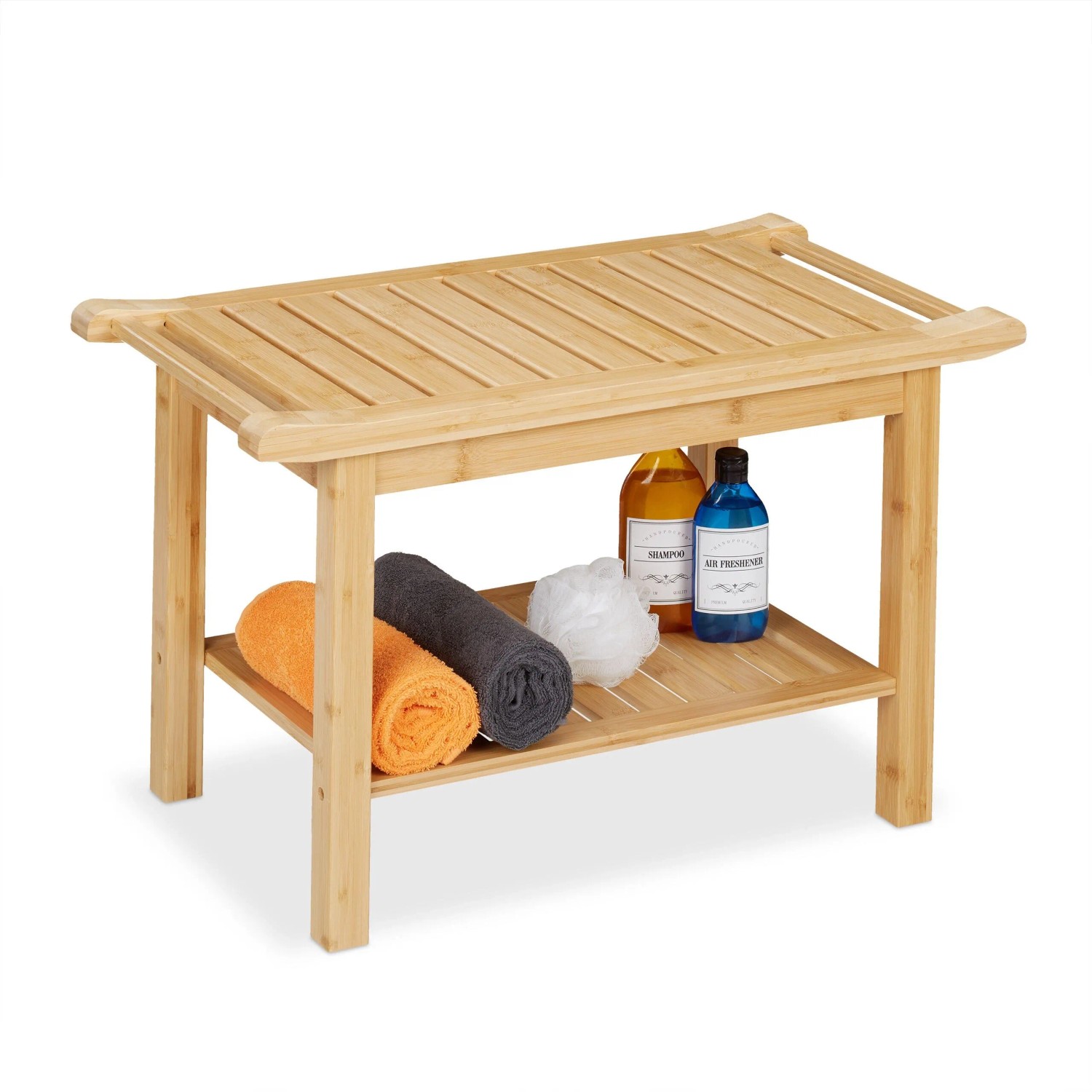 Relaxdays - Bamboo Bathroom Bench, Extra Shelf & Handles, Versatile, Hxwxd, 45 X 75 X 40.5 Cm, Seat For 2 Persons, Natural