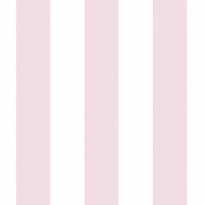 Gestreifte Vliestapete in Rosa und Weiß für ein Baby- oder Kinderzimmer.