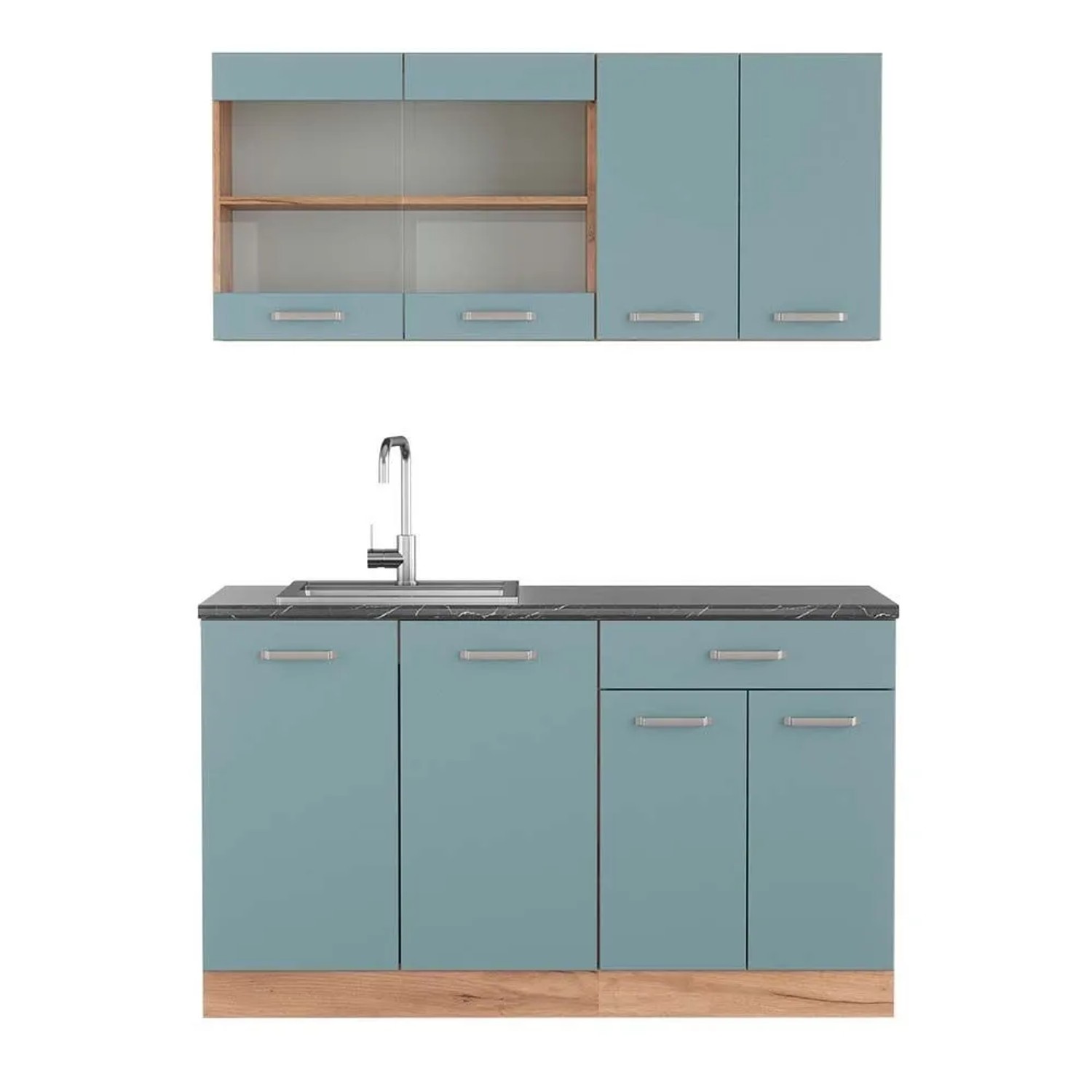 Vicco R-Line Singleküche Blau-Grau Goldkraft Eiche 140 cm AP Anthrazit ohne E-Geräte