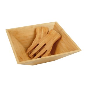 Relaxdays Salatschüssel Bambus Natur 2 Serviergabeln 10 x 28 x 28 cm 760 g