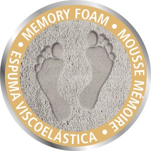 Detailaufnahme Memory Foam Badteppich: Fußabdrücke im Schaumstoff, Materialeigenschaften.