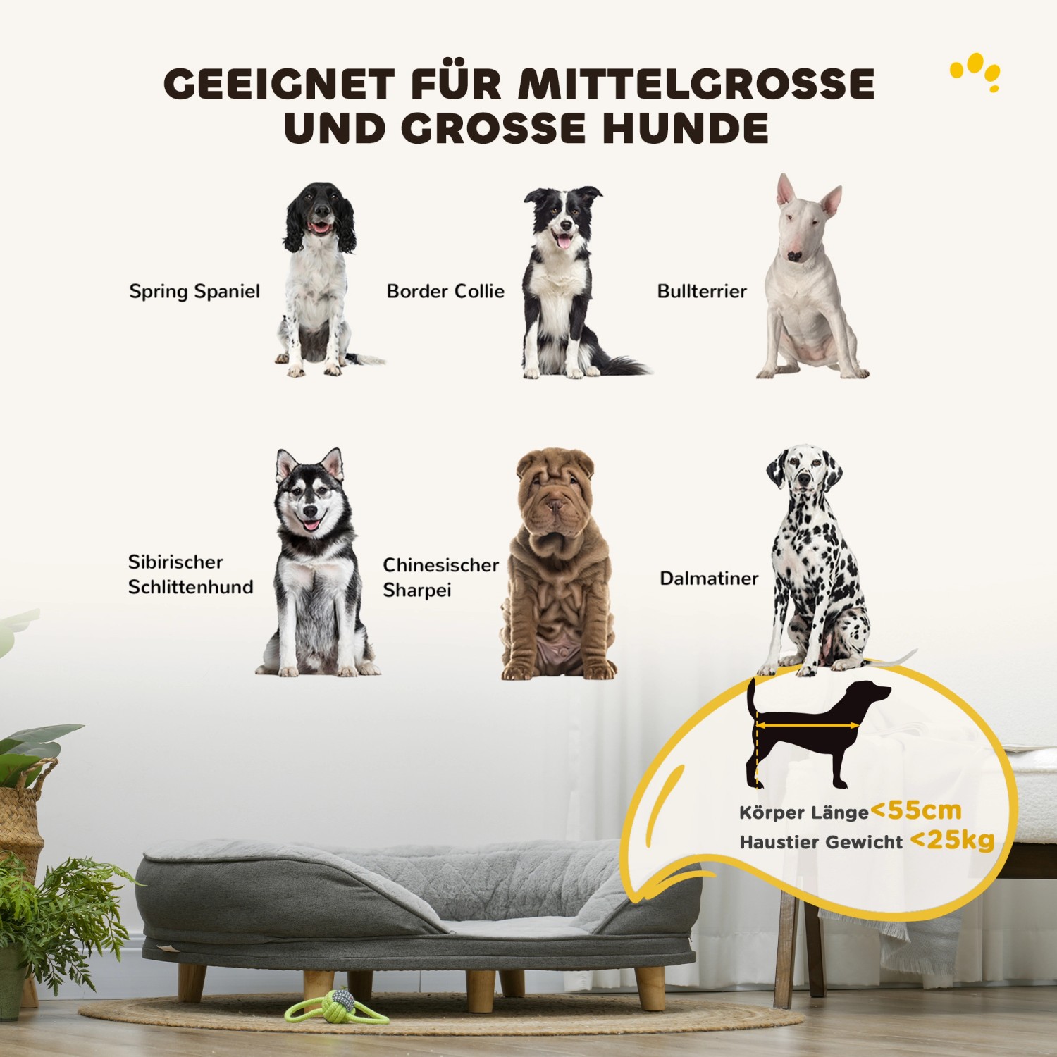 Graues PawHut Hundesofa für mittelgroße bis große Hunde, geeignet bis 25kg.