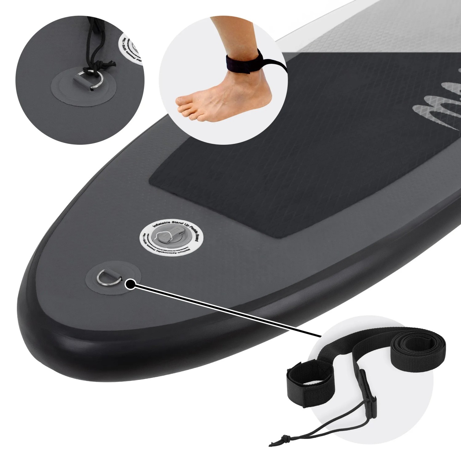 Detailaufnahme: Schwarzes ECD Germany Stand Up Paddle Board Maona mit Sicherheitsleine.
