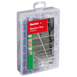 Fischer Meister-Box Elektro, 155-teilig, mit Kabelbindern und Nagelschellen in transparenter Kunststoffbox.