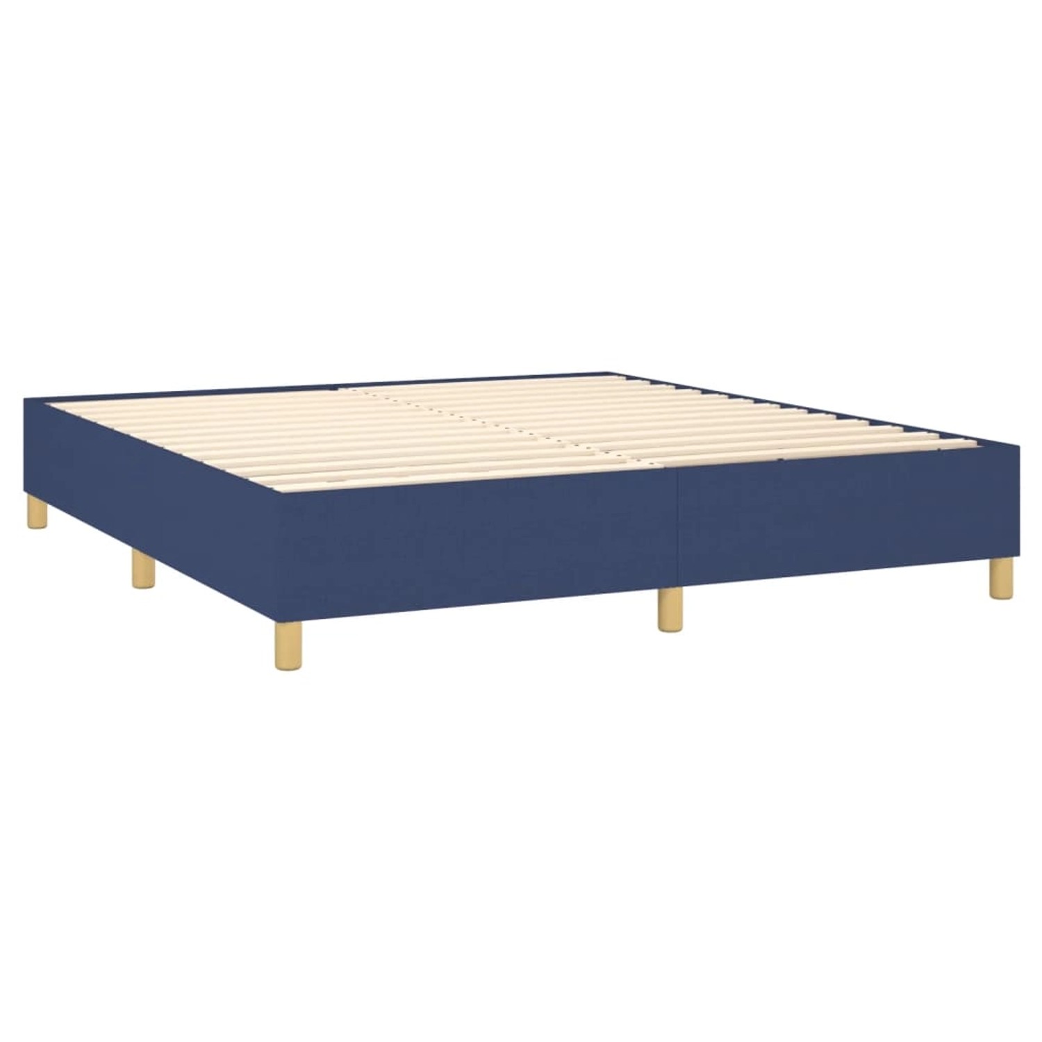 Blaues vidaXL Boxspringbett 180x200 cm mit Lattenrost. Bettgestell aus Stoff mit Holzfüßen.