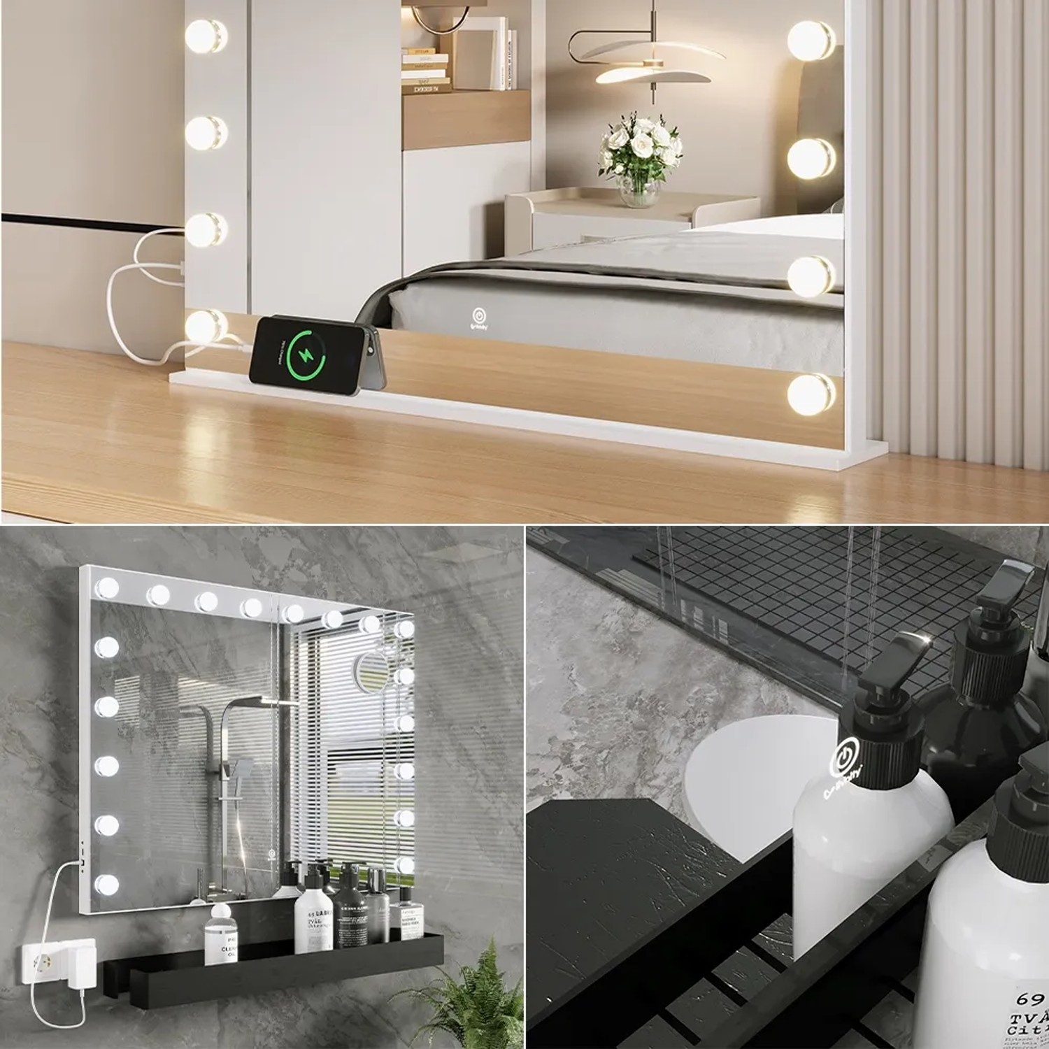 Vicco Schminktischspiegel Greta, weiß, 80x61cm, mit LED-Beleuchtung und USB-Anschluss.