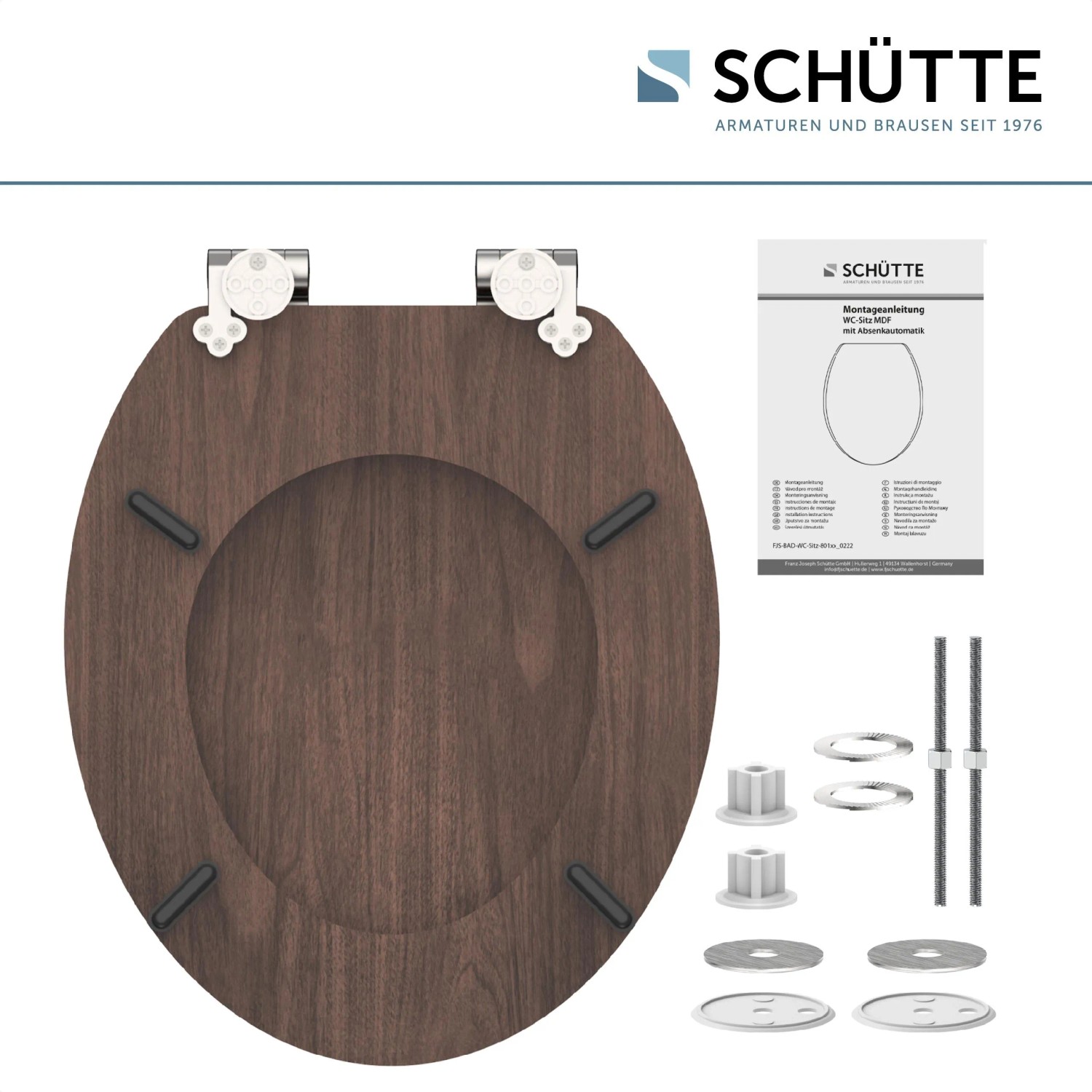 Schütte WC-Sitz Dark Wood mit Absenkautomatik und Holzkern, inklusive Befestigungsmaterial.