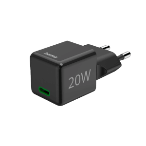 Schwarzes Hama USB-C Schnellladegerät Super-Mini-Charger PD 20W für Hausautomation.