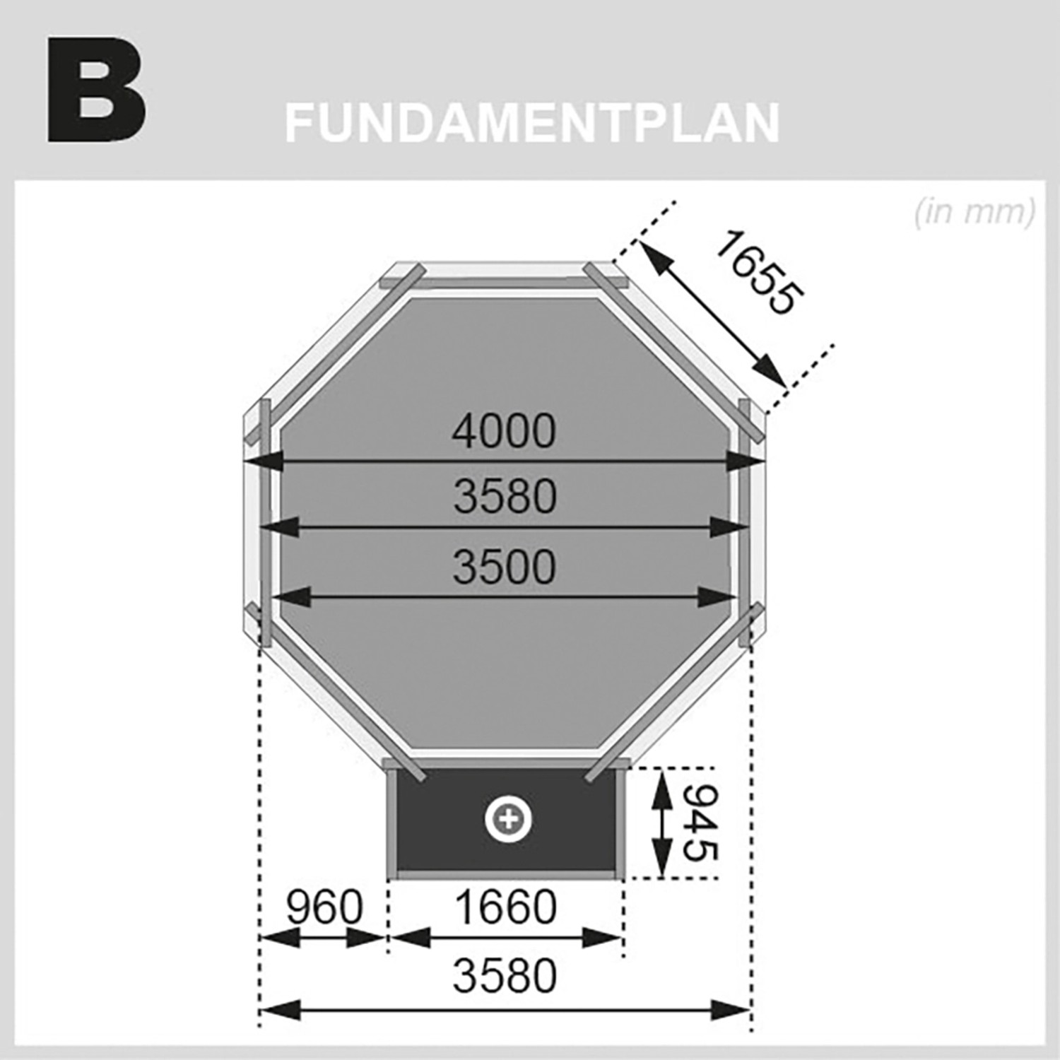 Fundamentplan für Karibu Pool Modell 1 B Set KDI mit Maßangaben.