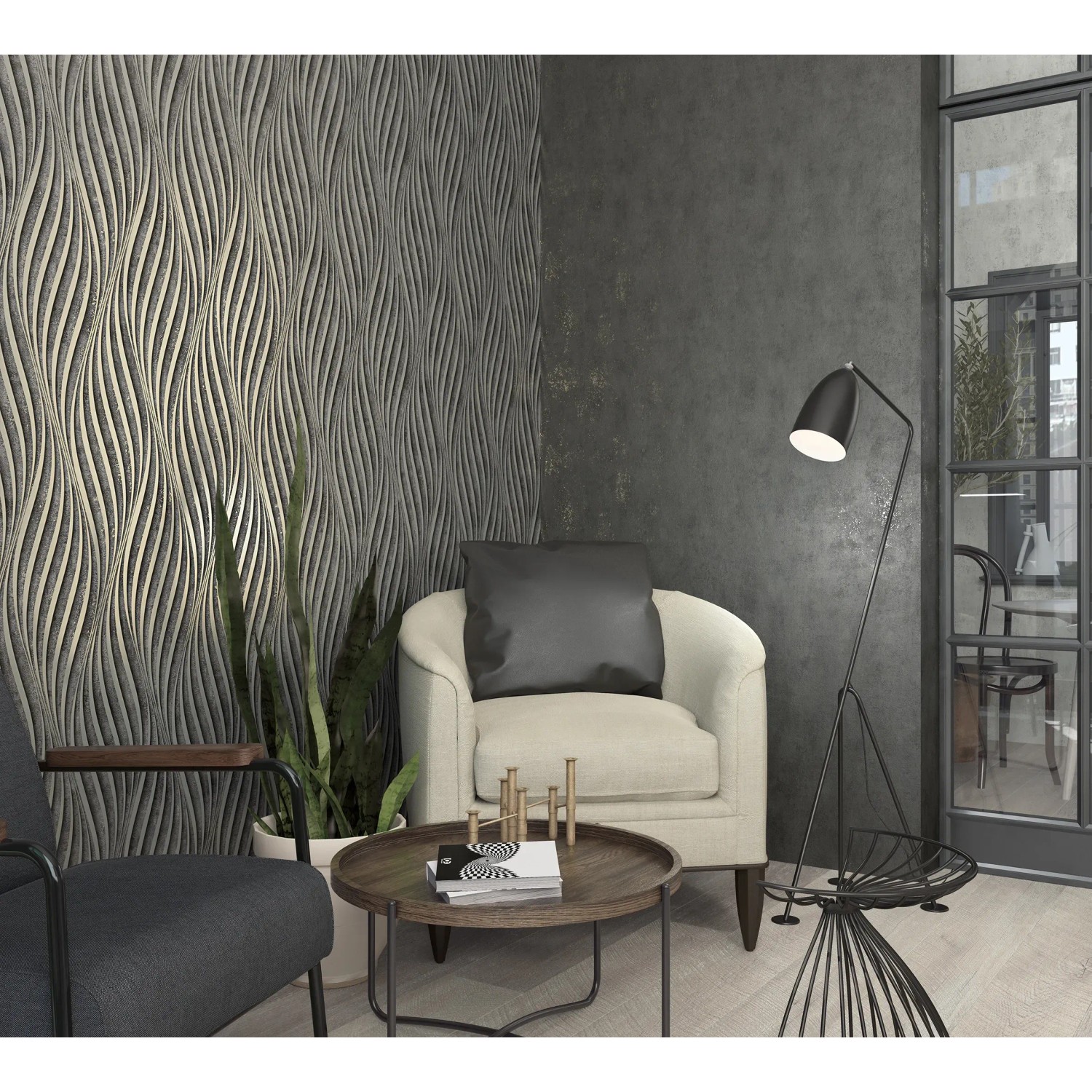 Wohnraum mit Marburg Vliestapete in Betonoptik Schwarz-Silber mit Wellenmuster.