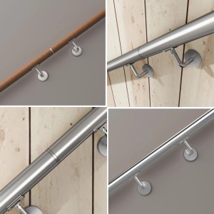 Gerader Handlaufverbinder aus gebürstetem Edelstahl 304 in Silber. Verbindet Handläufe aus Holz und Metall sicher.
