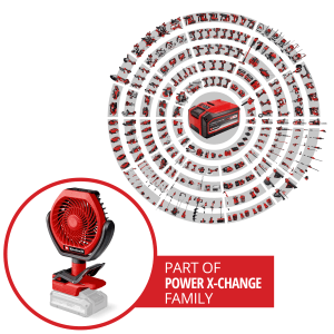 Einhell Akku-Ventilator GC-CF 18/110 Li-Solo mit Akku der Power X-Change Familie.