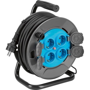 Robuste graue Kabeltrommel 20m mit 4 blauen IP44 Steckdosen, schwarzem Kabel und Tragegriff.