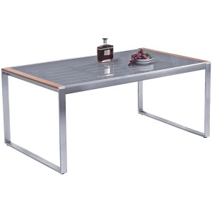 Grauer Garden Pleasure Gartentisch aus dem 7-teiligen Ava Lounge-Gartenmöbel-Set mit Glasplatte.