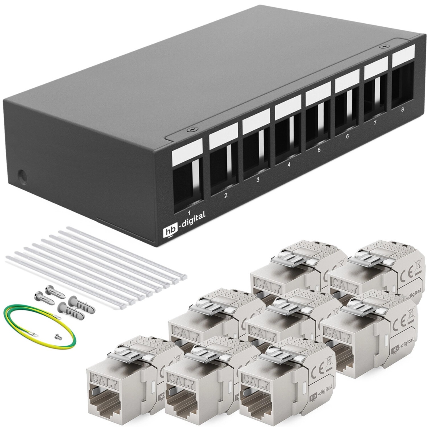 hb-digital Patch Panel 8 Port mit 8x Keystone Module Cat 7 Schwarz
