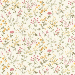 Rasch SK-Tapete Tesa 370317 mit zartem Blumenmuster in Weiß, Gelb und Rosa.