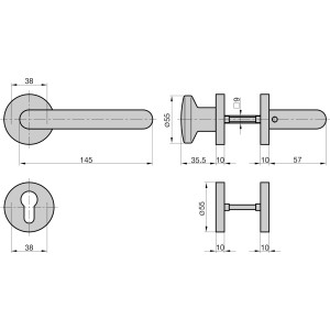 Technische Zeichnung: Basi Feuerschutz Rosetten-Garnitur ZT-FS 2150, Maße und Details.