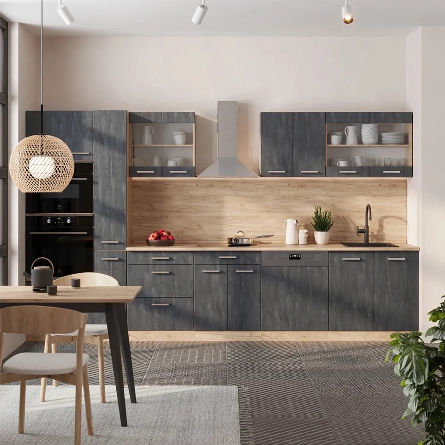 Komplette Küchenzeile in Schwarz Beton/Goldkraft Eiche mit Marmor Arbeitsplatte, 350 cm breit.