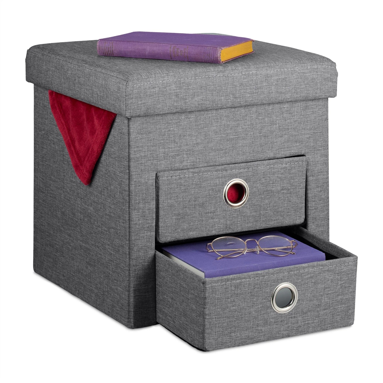 Relaxdays Sitzhocker mit Stauraum Polyester MDF Schaumstoff Dunkelgrau 2 Schubladen Faltbar Gepolstert 39 cm x 37 cm x 37 cm 4,1 kg