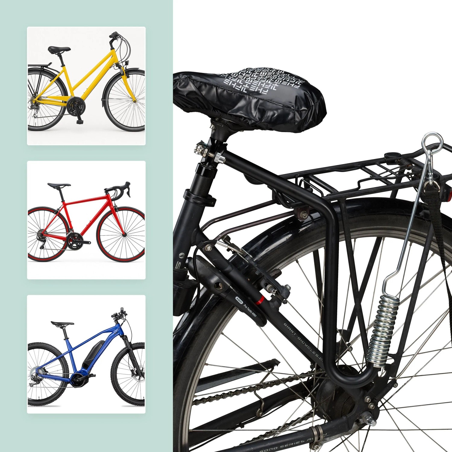 Relaxdays Fahrradleine für Hunde, Stahl schwarz mit Feder, Montage am Fahrrad dargestellt.