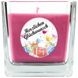 Viereckige Duftkerze im Glas mit "Herzlichen Glückwunsch" Motiv, Lavendelduft.
