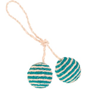 Jollypaw Katzenspielzeug: 2 Bälle am Seil aus Sisal, blau-weiß gestreift.
