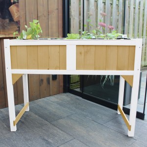 Axi Hochbeet, braun-weiß, 120x54x90 cm, aus Holz mit Pflanzen.