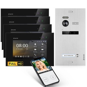 Balter EVO-HD Video-Türsprechanlage mit 4 Monitoren und App für Einfamilienhaus, silber-schwarz.