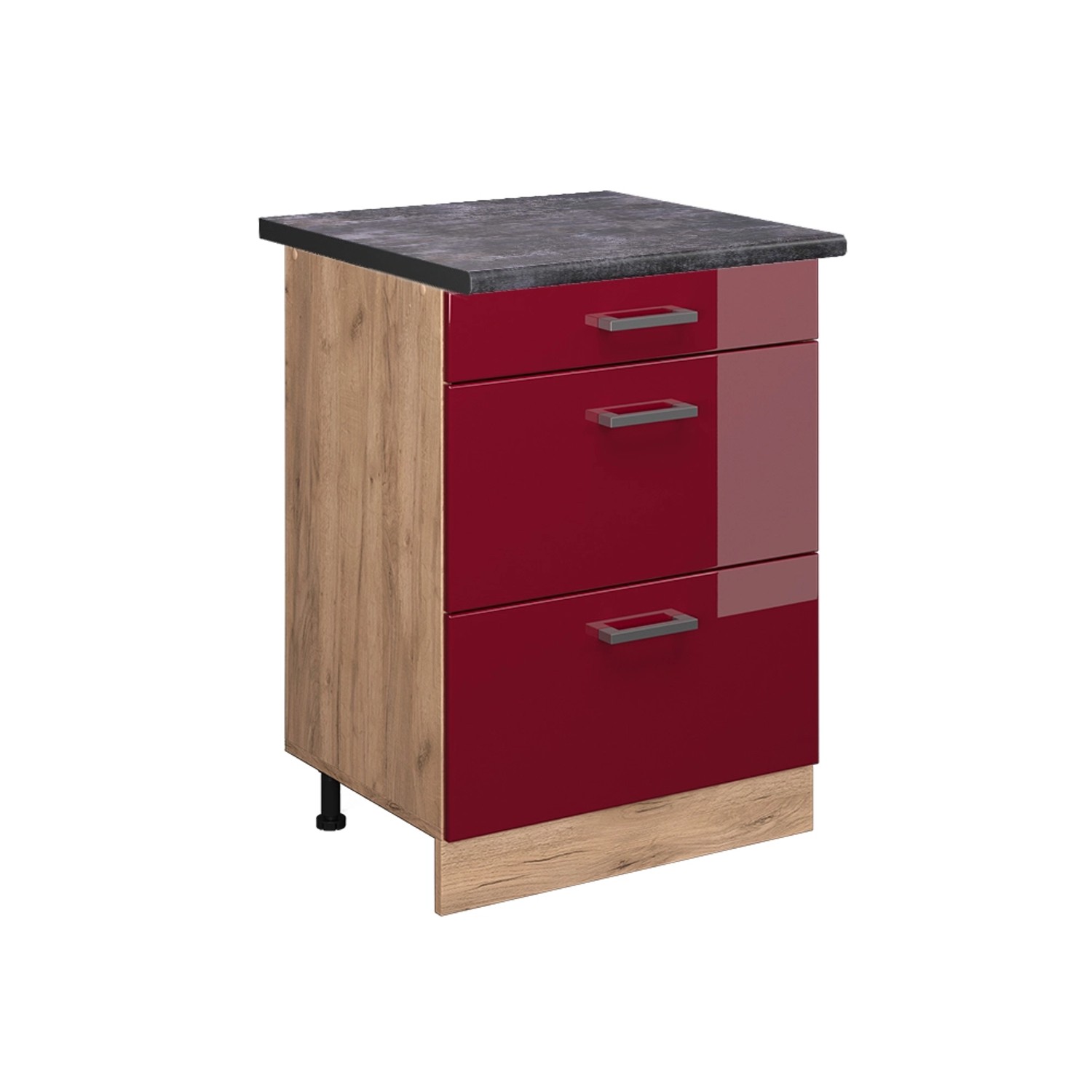 Vicco Küchenunterschrank R-Line Bordeaux Hochglanz/Goldkraft Eiche 60 cm mit Schubladen AP Anthrazit