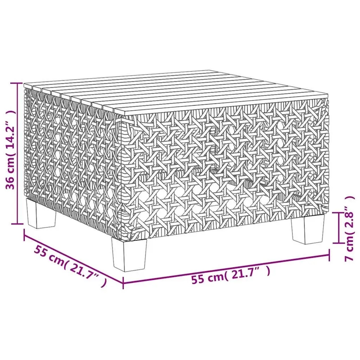 Beiger Gartentisch aus Polyrattan, Teil der vidaXL Sofagarnitur, mit Holzfüßen und quadratischer Form.