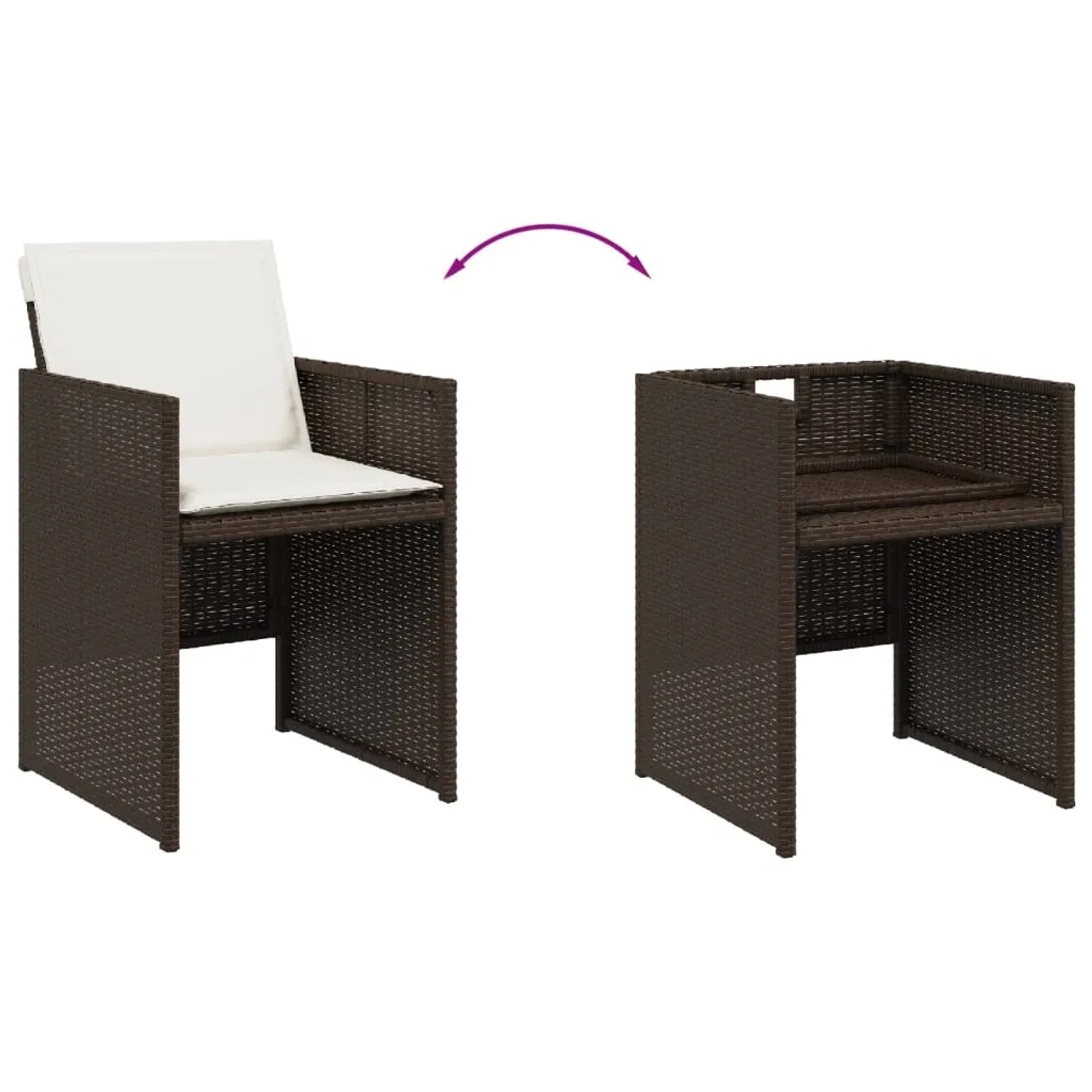 Brauner Poly Rattan Gartenstuhl mit Kissen, stapelbar zur platzsparenden Aufbewahrung. Teil der vidaXL Essgruppe.