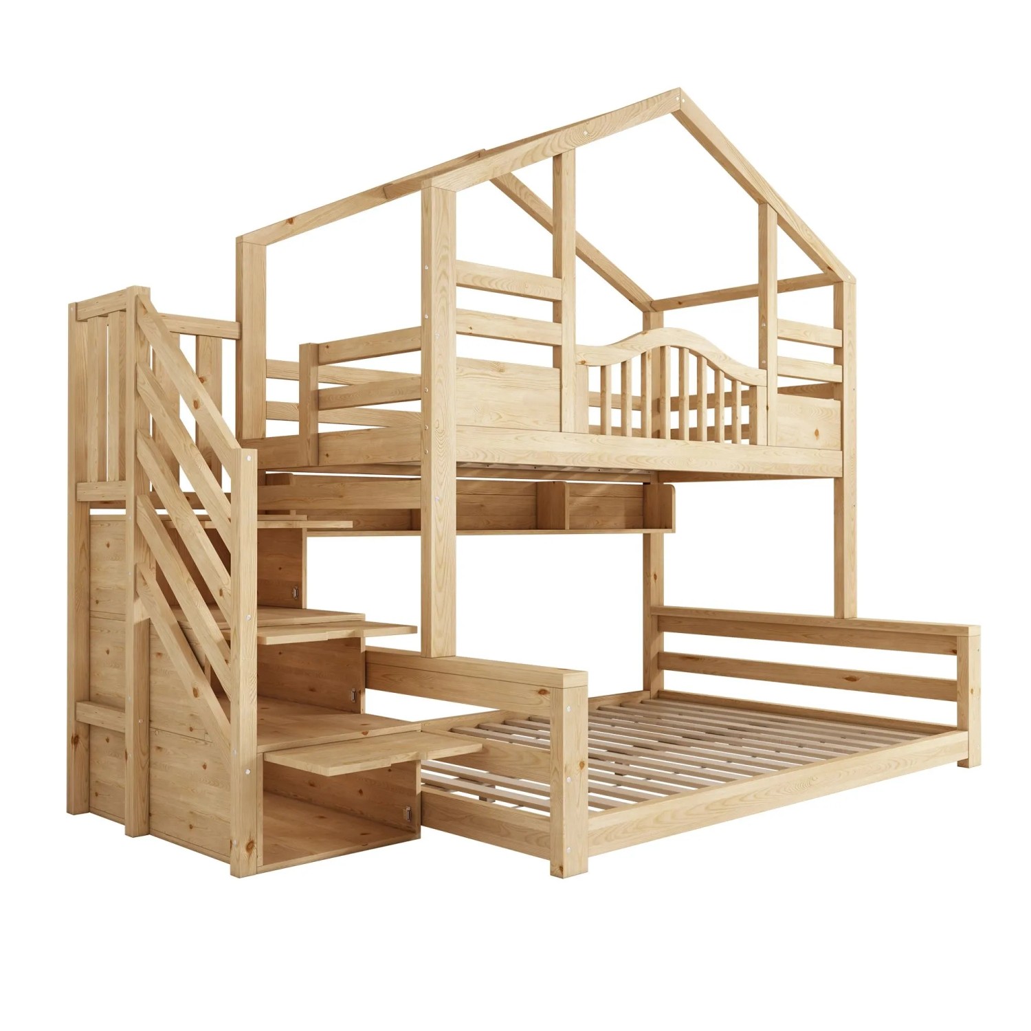 okwish Etagenbett 140x200cm mit Hausdesign Treppenschrank und Regalen Natur ohne Matratze