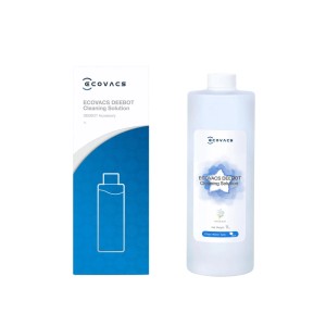 Ecovacs Reinigungslösung 1 l für Deebot Saugroboter, weiße Flasche mit Verpackung.