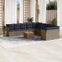 Graue 11-teilige vidaXL Garten-Sofagarnitur aus Polyrattan mit marineblauen Kissen und Tisch.