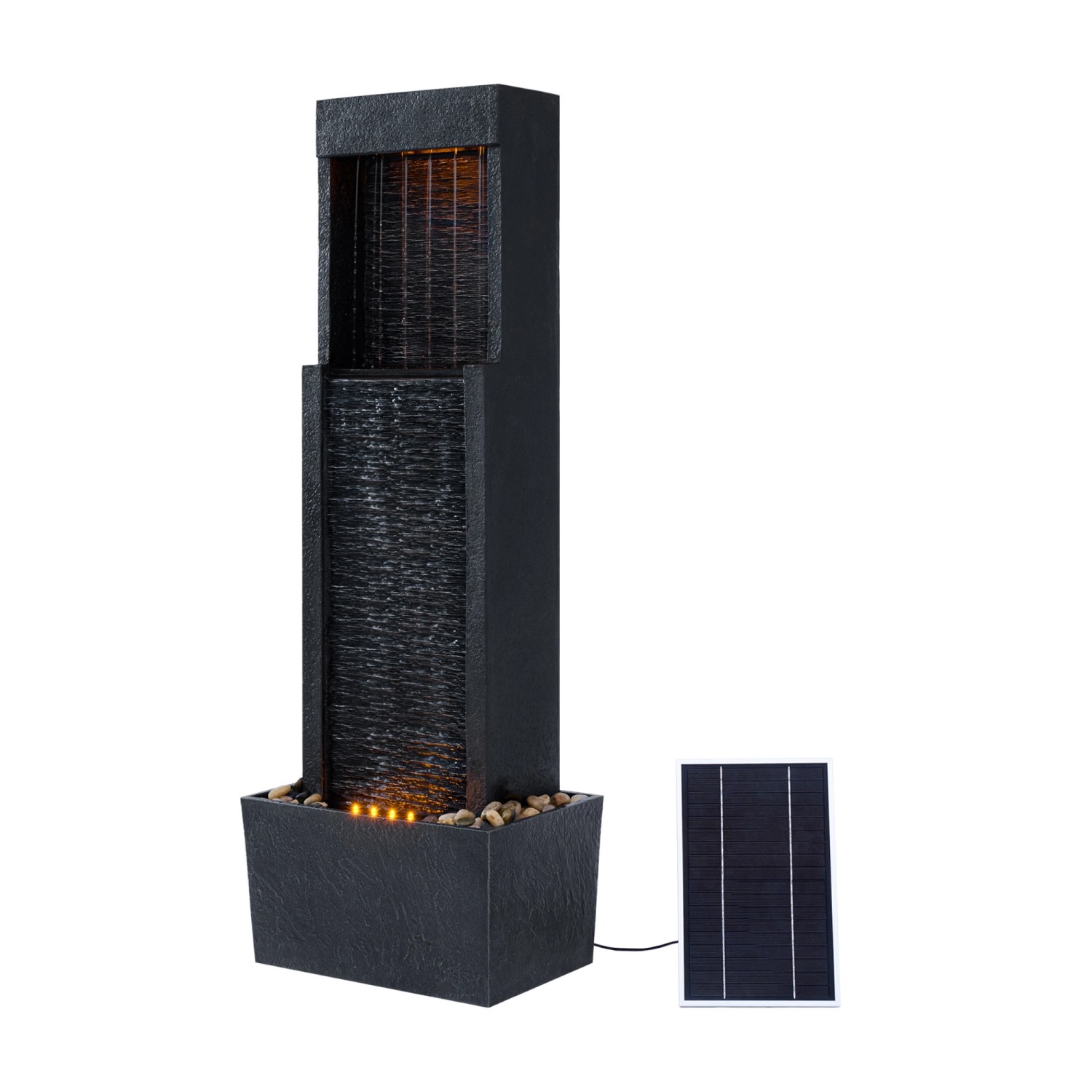 Schwarzer Teamson Home Gartenbrunnen Athena (97 cm) mit Solarpanel und LED-Beleuchtung.